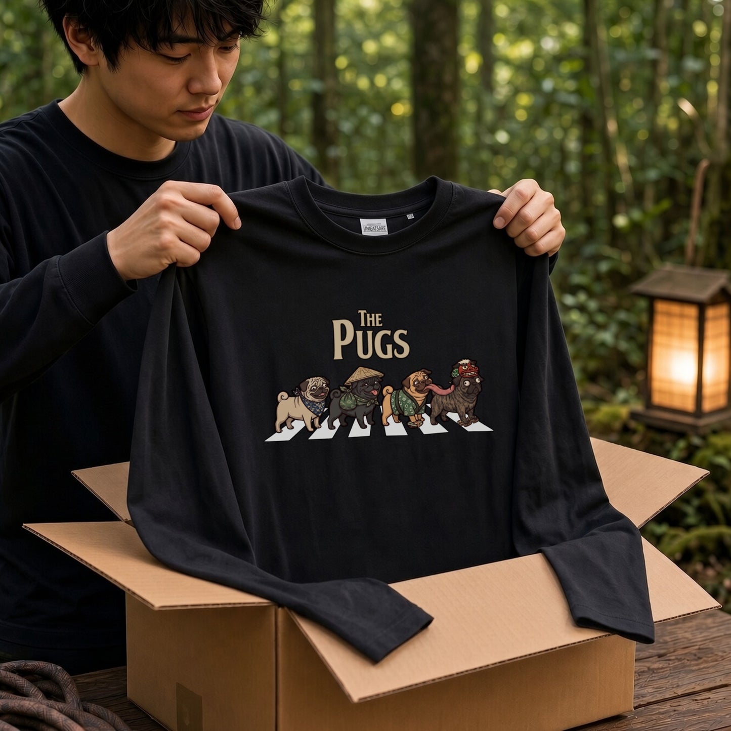 THE PUGS パグ散歩デザイン ブラック長袖Tシャツ