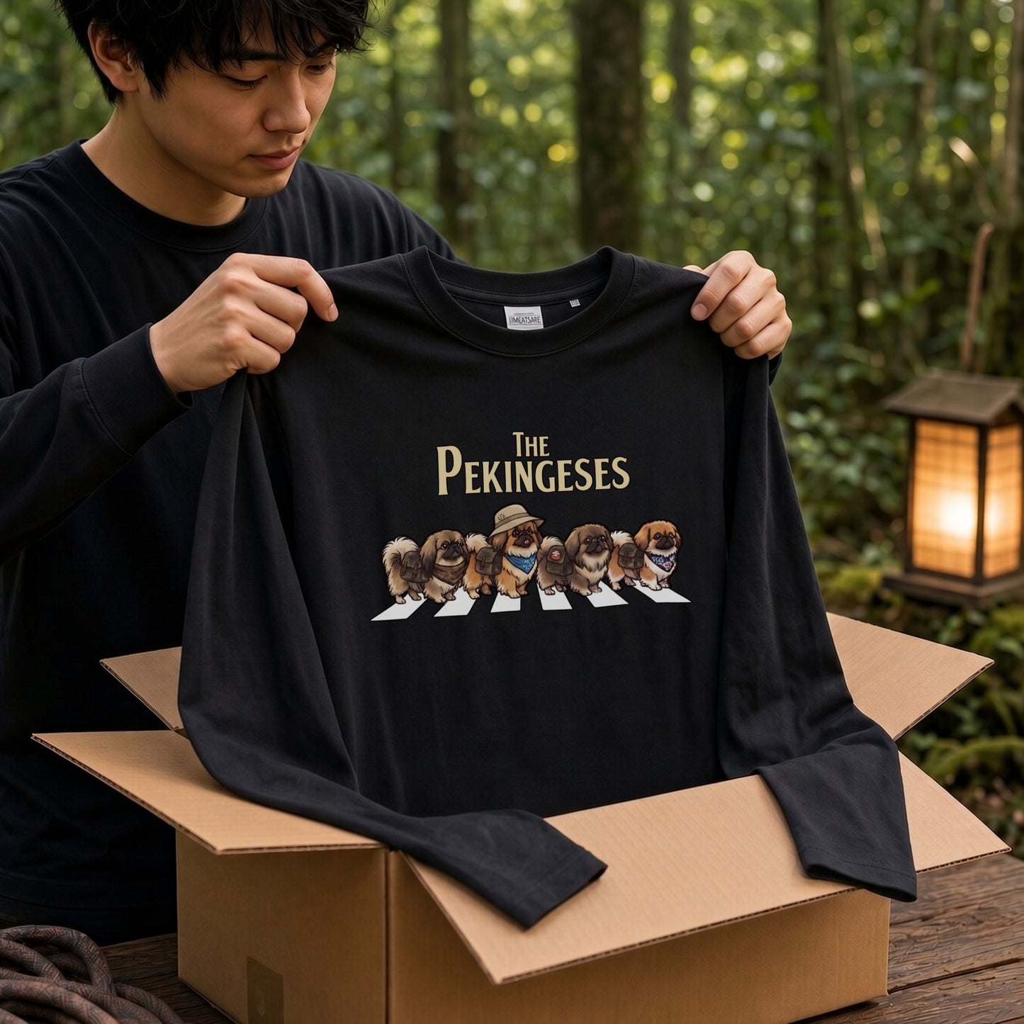 THE PEKINGESES ペキニーズ散歩デザイン ブラック長袖Tシャツ