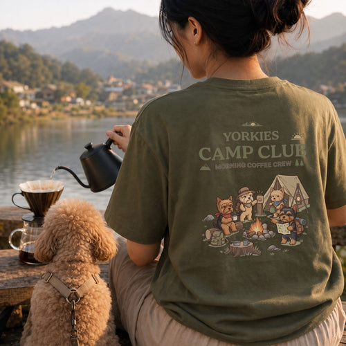 Yorkshire Terrier Camp Club Morning Coffee Crew Back Print T-Shirt - CampModeGear - Product image 1