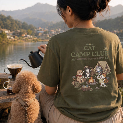 Cat Camp Club Morning Coffee Crew Back Print T-Shirt - CampModeGear - Product image 1