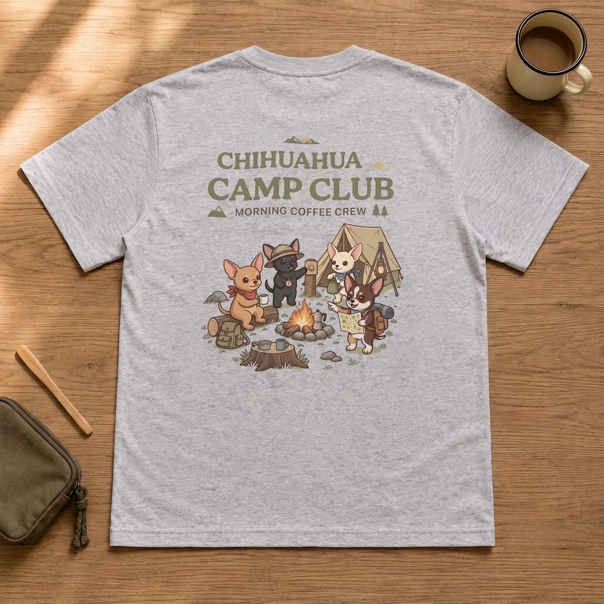 Chihuahua Camp Club Morning Coffee Crew Back Print T-Shirt - CampModeGear - Product image 2