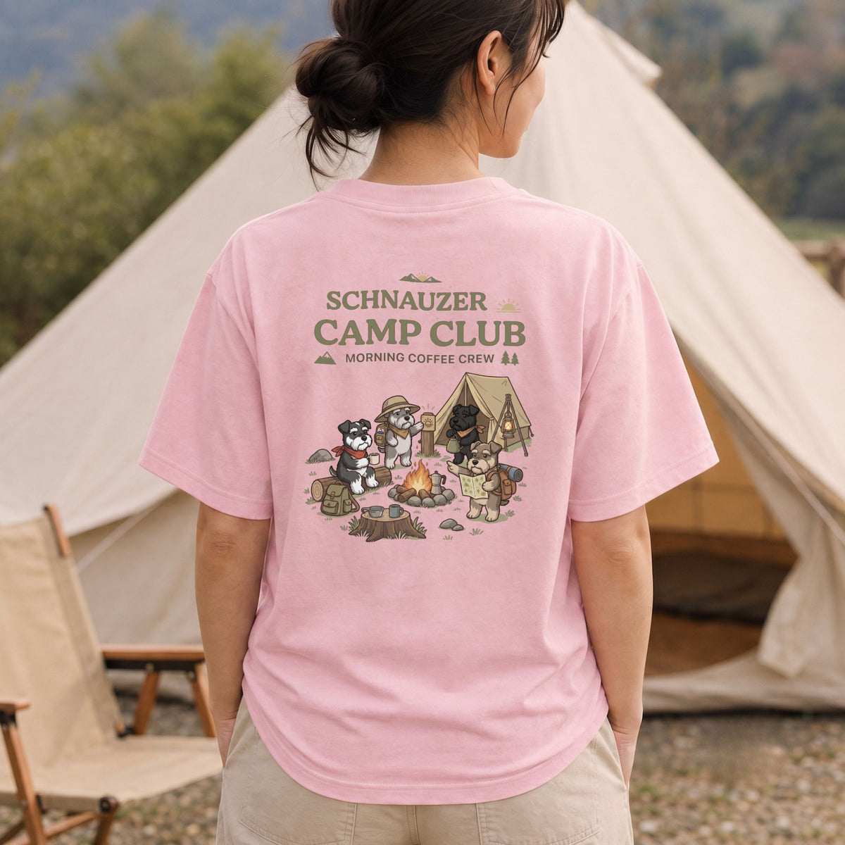 Schnauzer Camp Club Morning Coffee Crew Back Print T-Shirt - CampModeGear - Product image 1