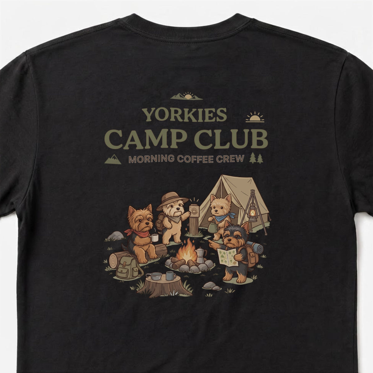 Yorkshire Terrier Camp Club Morning Coffee Crew Back Print T-Shirt - CampModeGear - Product image 4