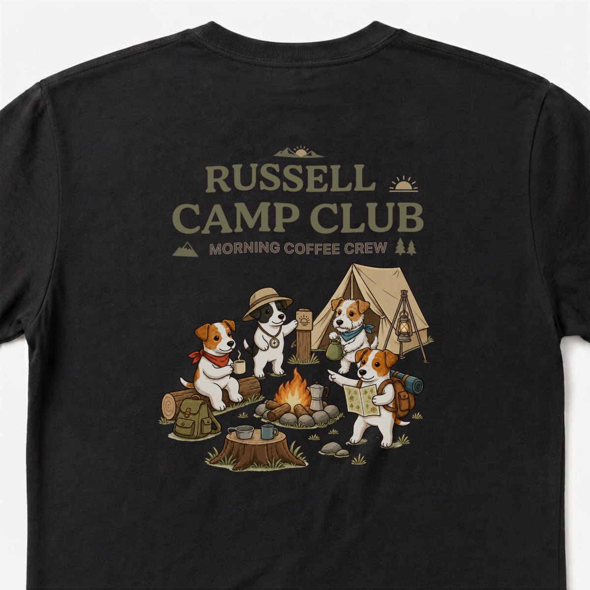 Jack Russell Terrier Camp Club Morning Coffee Crew Back Print T-Shirt - CampModeGear - Product image 1