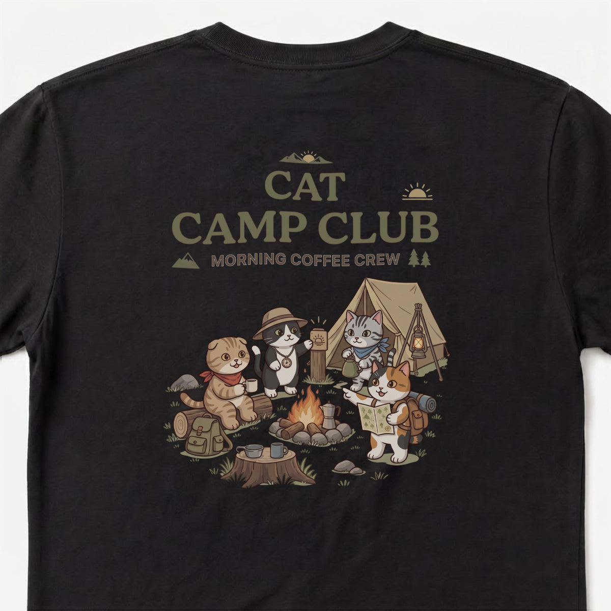 Cat Camp Club Morning Coffee Crew Back Print T-Shirt - CampModeGear - Product image 2