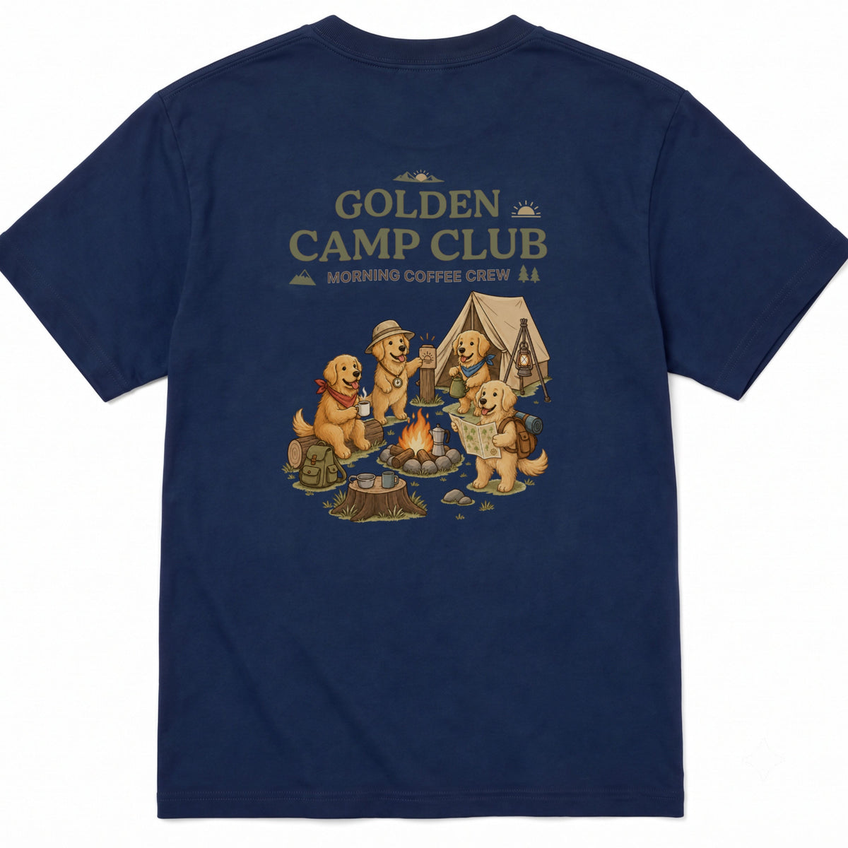 Golden Retriever Camp Club Morning Coffee Crew Back Print T-Shirt - CampModeGear - Product image 1