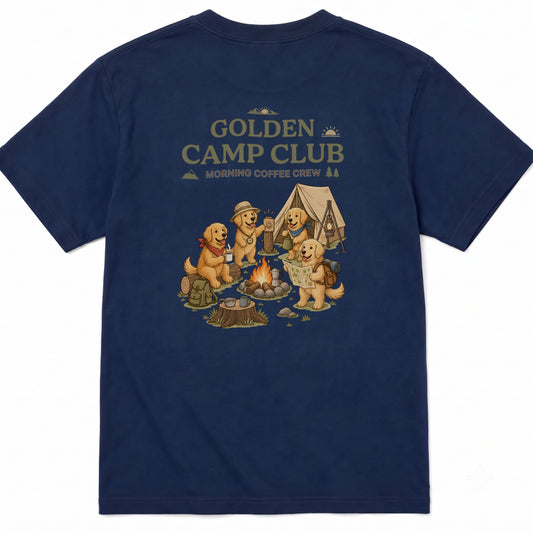 Golden Retriever Camp Club Morning Coffee Crew Back Print T-Shirt - CampModeGear - Product image 1