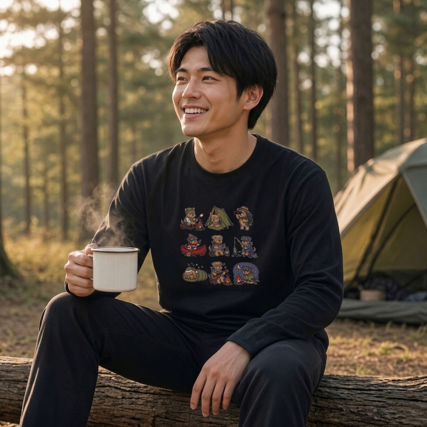 YORKIE CAMP | 手描き風 ヨーキー キャンプギア かわいい グラフィック 長袖Tシャツ【犬雑貨・秋キャンプ・ルームウェア・ギフトに最適】