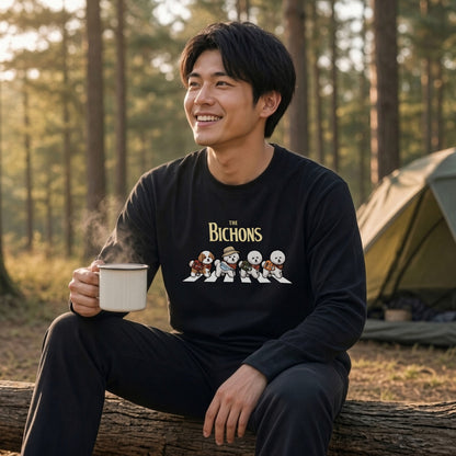THE BICHONS ビションフリーゼ散歩デザイン ブラック長袖Tシャツ