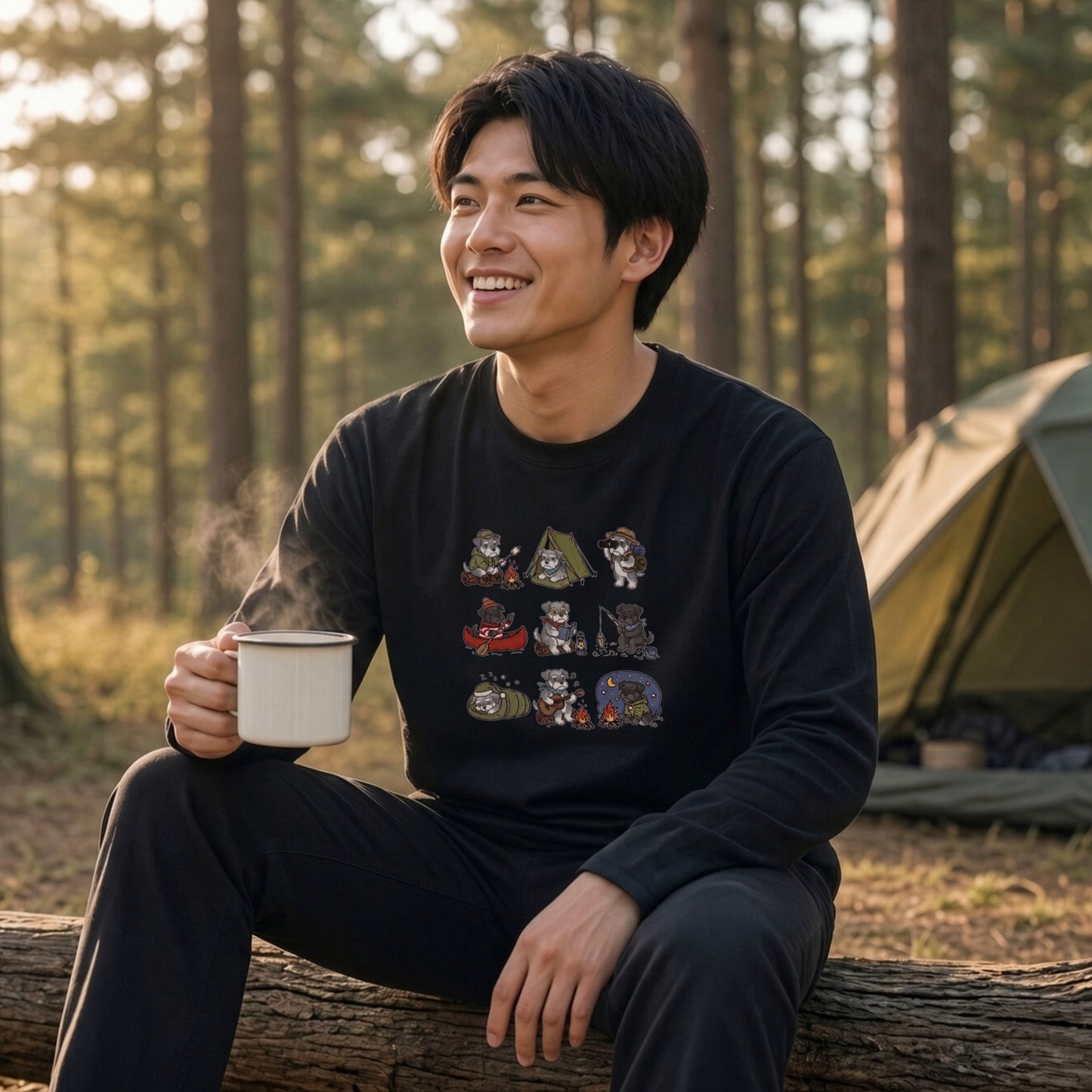 SCHNAUZER CAMP | 手描き風 シュナウザー キャンプギア かわいい グラフィック 長袖Tシャツ【犬雑貨・秋キャンプ・ルームウェア・ギフトに最適】