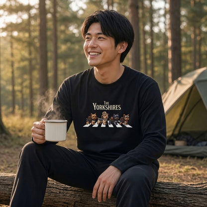 THE YORKSHIRES ヨークシャーテリア散歩デザイン ブラック長袖Tシャツ