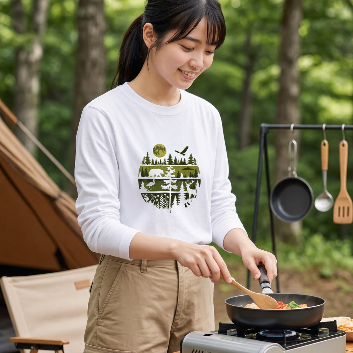 WILDLIFE FOREST ロンT | レトロ サークルグラフィック 森林浴 長袖 カジュアル Tシャツ【アウトドアファッション・普段着・ルームウェア・ユニセックス・ギフトに最適】