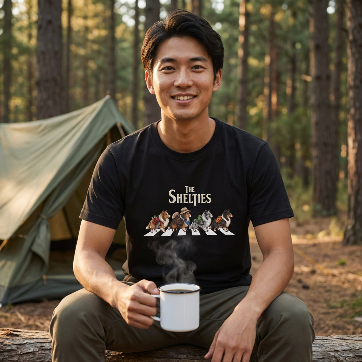 THE SHELTIES 横断歩道 キャンプ ゆるかわ Tシャツ 【犬好き・愛犬家・アウトドア・ギフトに最適】