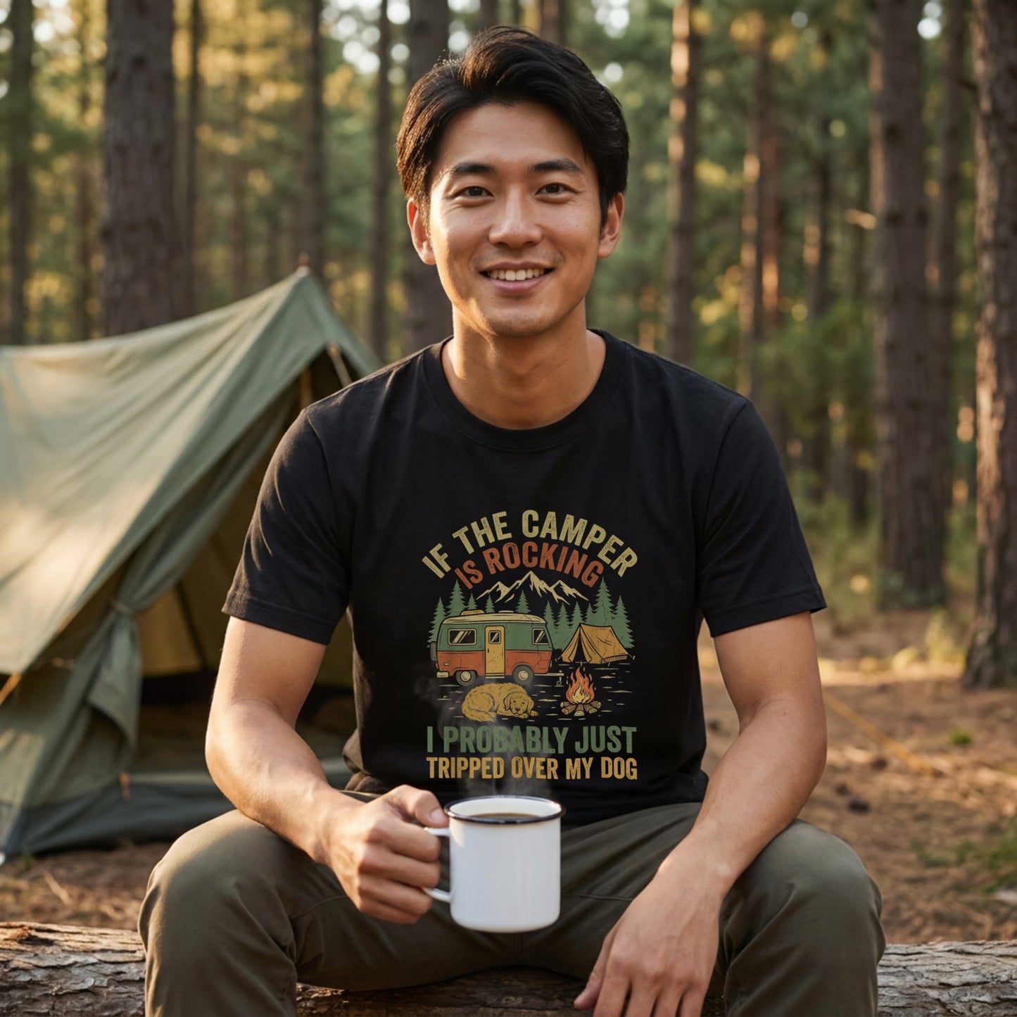 【If The Camper Is Rocking】キャンピングカー＆愛犬イラスト ヴィンテージ黒Tシャツ | CAMPMODE