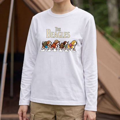 THE BEAGLES ビーグル犬散歩デザイン ホワイト長袖Tシャツ