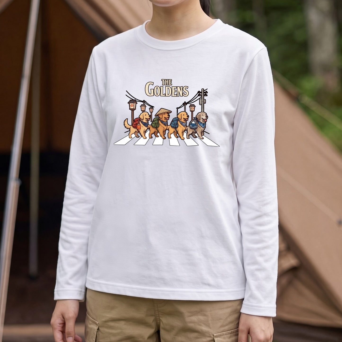 THE GOLDENS ゴールデンレトリバー散歩デザイン ブラック長袖Tシャツ