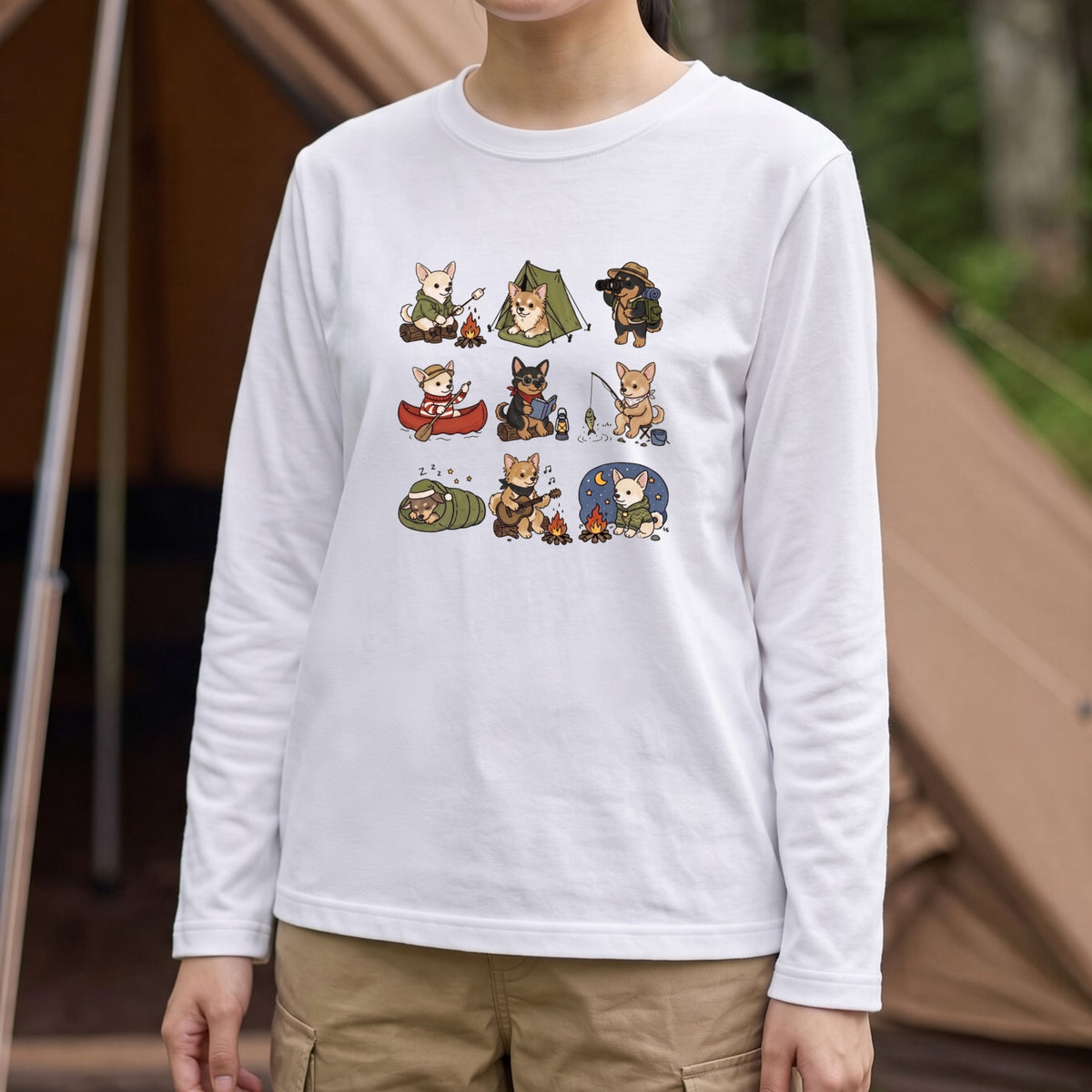 CHIHUAHUA CAMP | 手描き風 チワワ キャンプギア かわいい グラフィック 長袖Tシャツ【犬雑貨・秋キャンプ・ルームウェア・ギフトに最適】