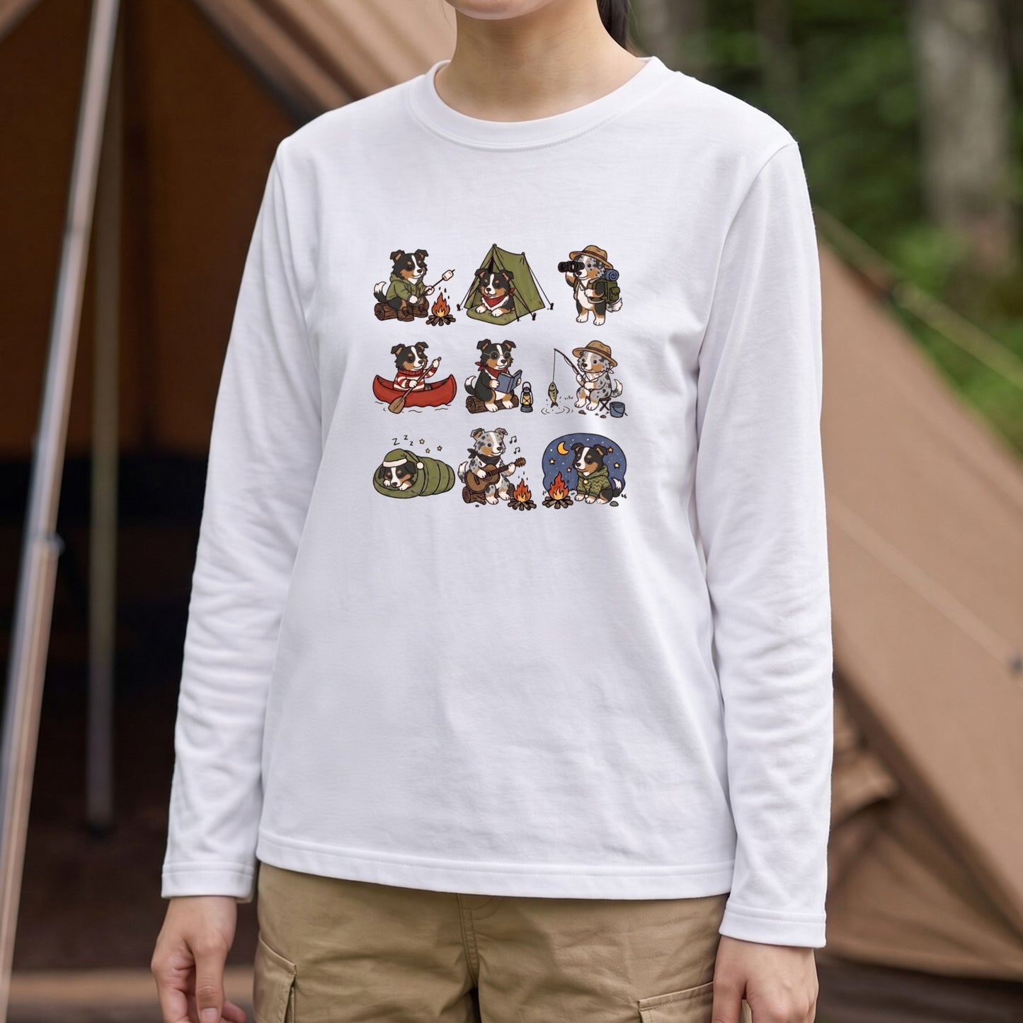 AUSTRALIAN SHEPHERD CAMP | 手描き風 オージー キャンプギア かわいい グラフィック 長袖Tシャツ【犬雑貨・秋キャンプ・ルームウェア・ギフトに最適】