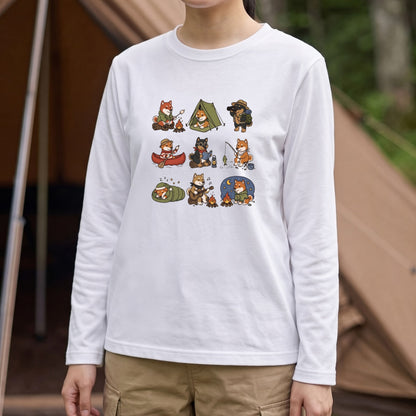 SHIBA CAMP | 手描き風 柴犬 キャンプギア かわいい グラフィック 長袖Tシャツ【和犬雑貨・秋キャンプ・アウトドア・ギフトに最適】
