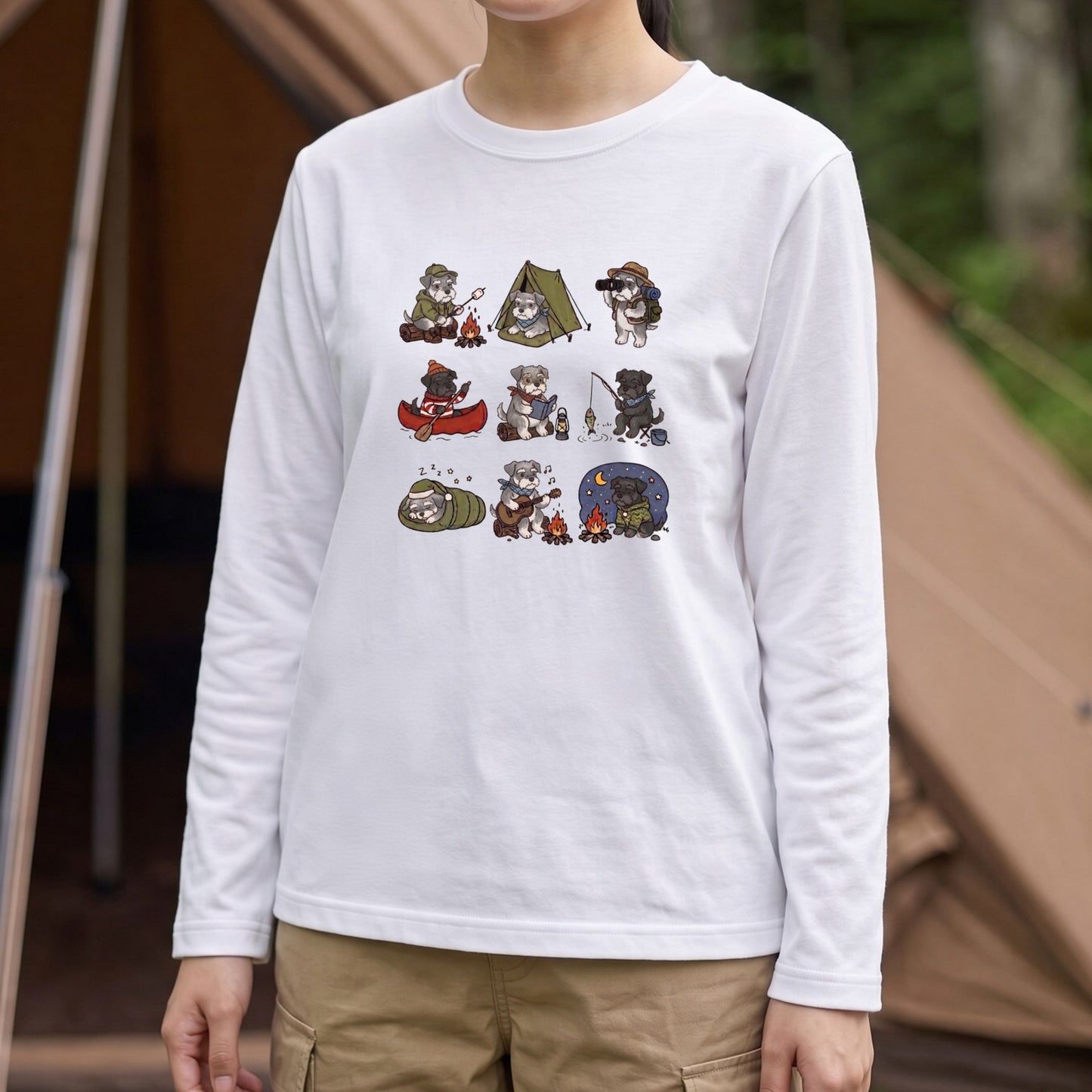 SCHNAUZER CAMP | 手描き風 シュナウザー キャンプギア かわいい グラフィック 長袖Tシャツ【犬雑貨・秋キャンプ・ルームウェア・ギフトに最適】