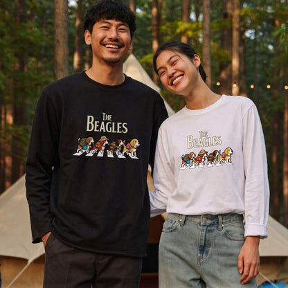 THE BEAGLES ビーグル犬散歩デザイン ホワイト長袖Tシャツ