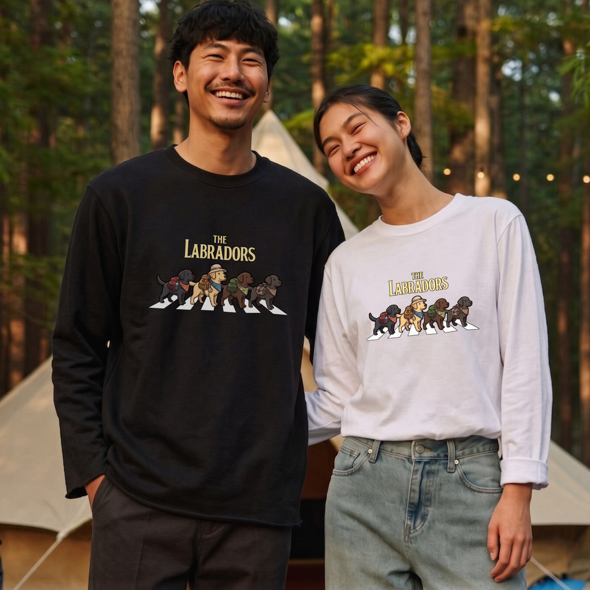 THE LABRADORS ラブラドールレトリバー散歩デザイン ブラック長袖Tシャツ
