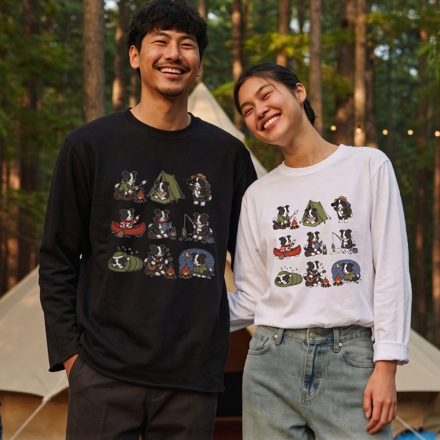 BORDER COLLIE CAMP | 手描き風 ボーダーコリー キャンプギア かわいい グラフィック 長袖Tシャツ【犬雑貨・秋キャンプ・ルームウェア・ギフトに最適】