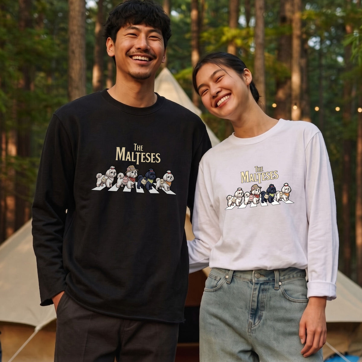THE MALTESES マルチーズ散歩デザイン ブラック長袖Tシャツ