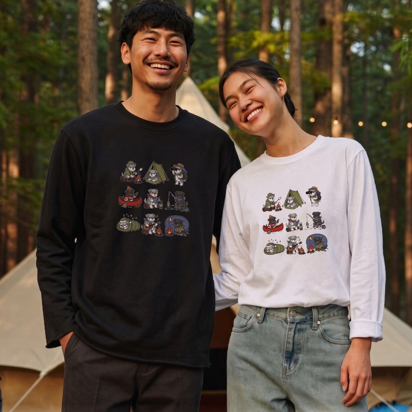 SCHNAUZER CAMP | 手描き風 シュナウザー キャンプギア かわいい グラフィック 長袖Tシャツ【犬雑貨・秋キャンプ・ルームウェア・ギフトに最適】