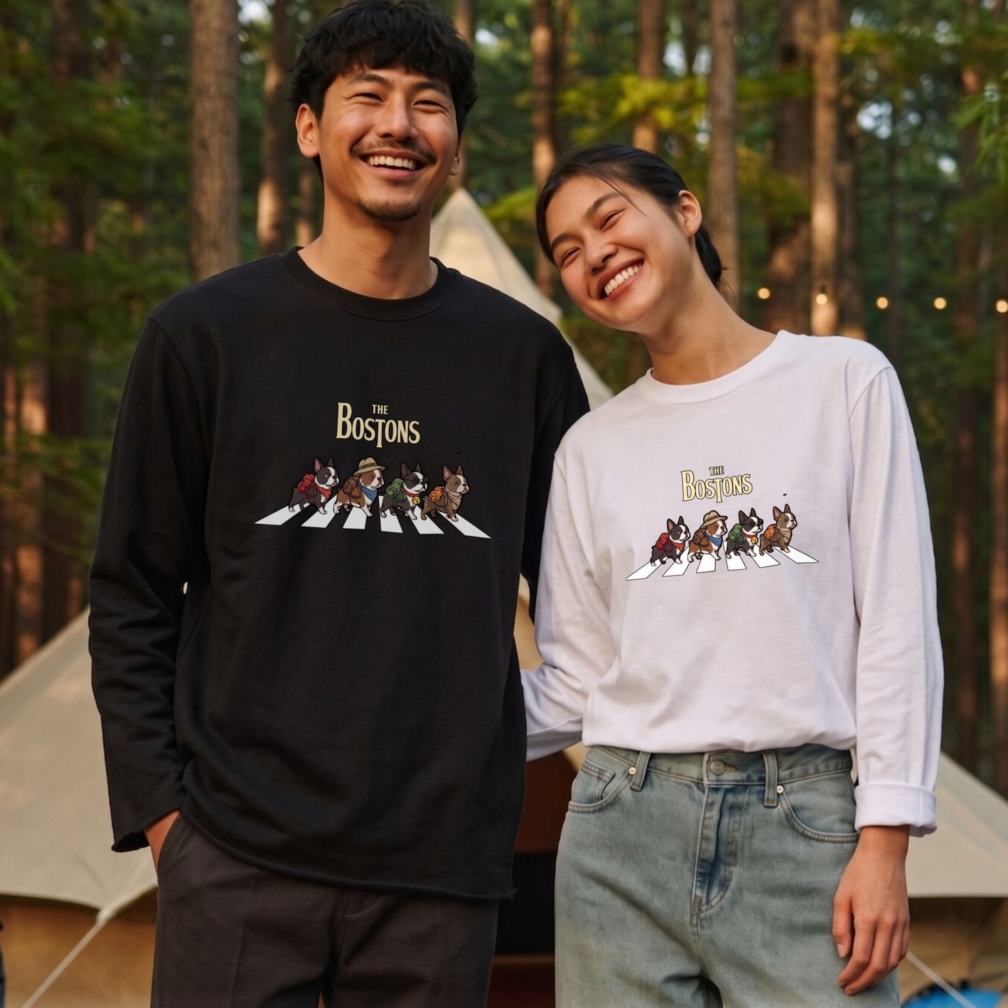 THE BOSTONS ボストンテリア散歩デザイン ブラック長袖Tシャツ