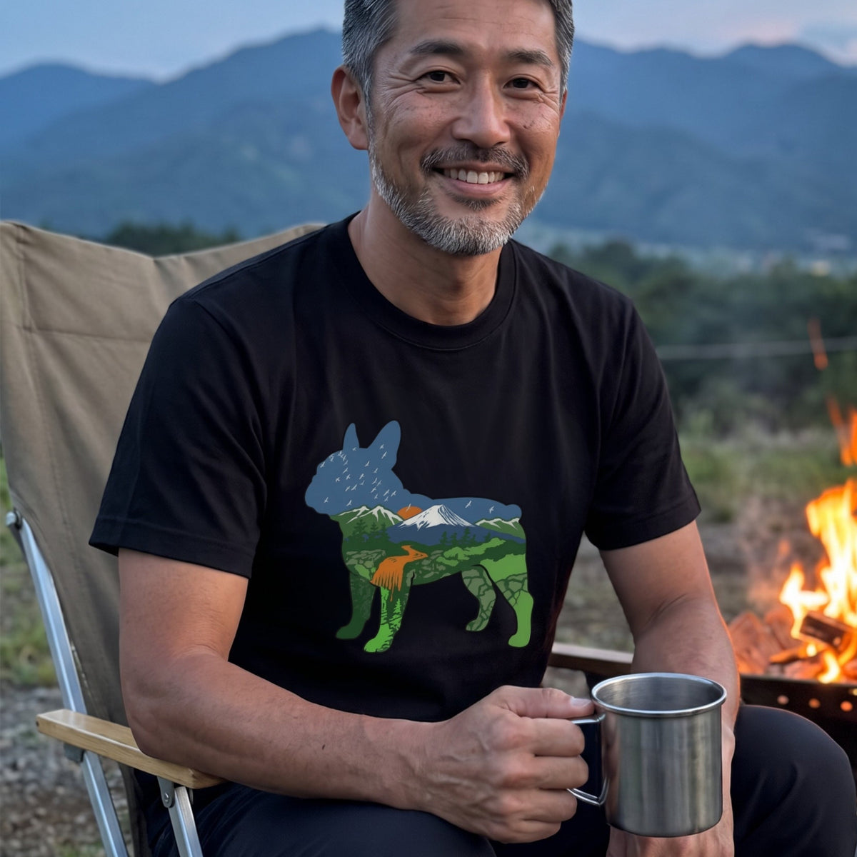 【French Bulldog】自然風景ダブルエスポージャー黒Tシャツ | CAMPMODE