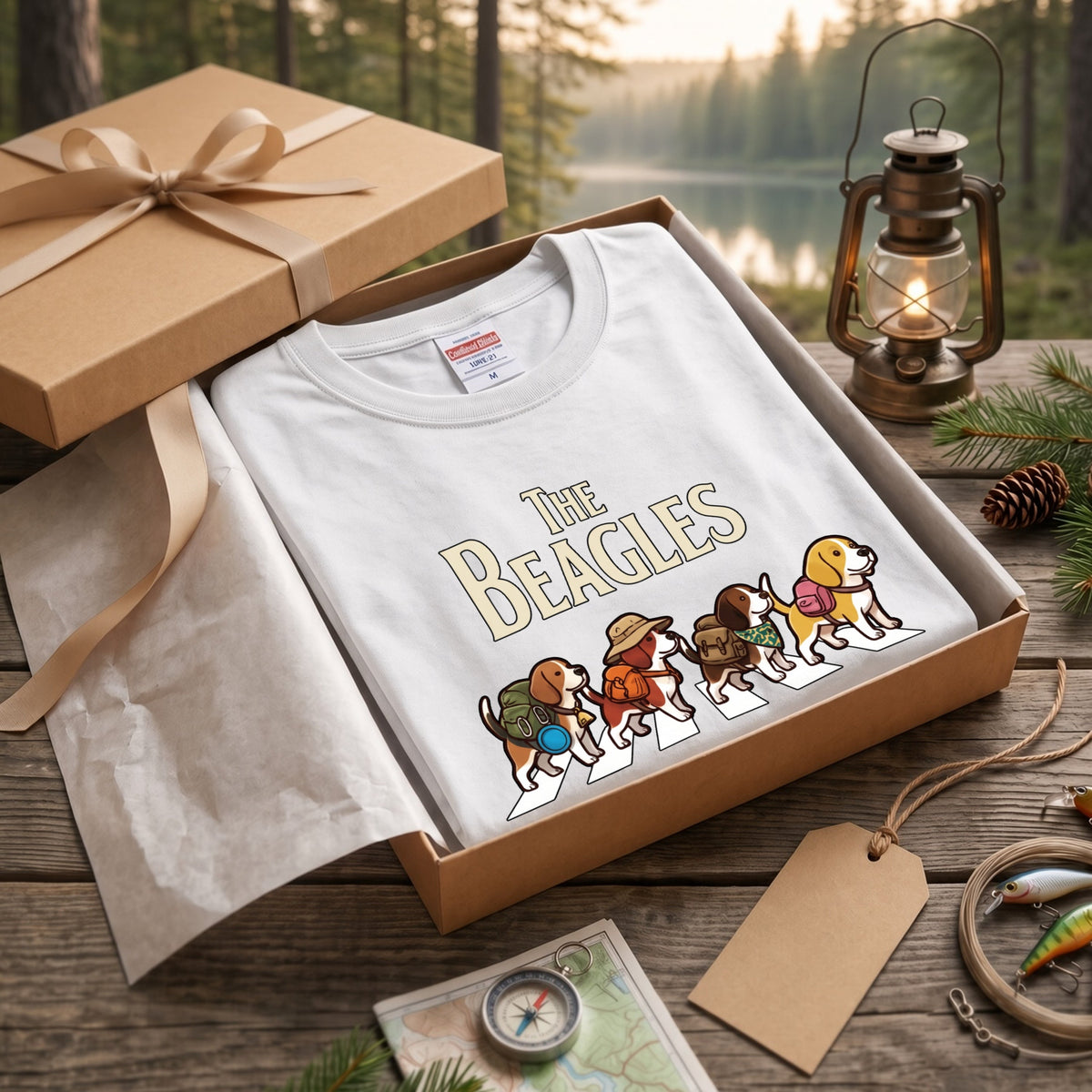 THE BEAGLES ビーグル犬散歩デザイン ホワイト長袖Tシャツ