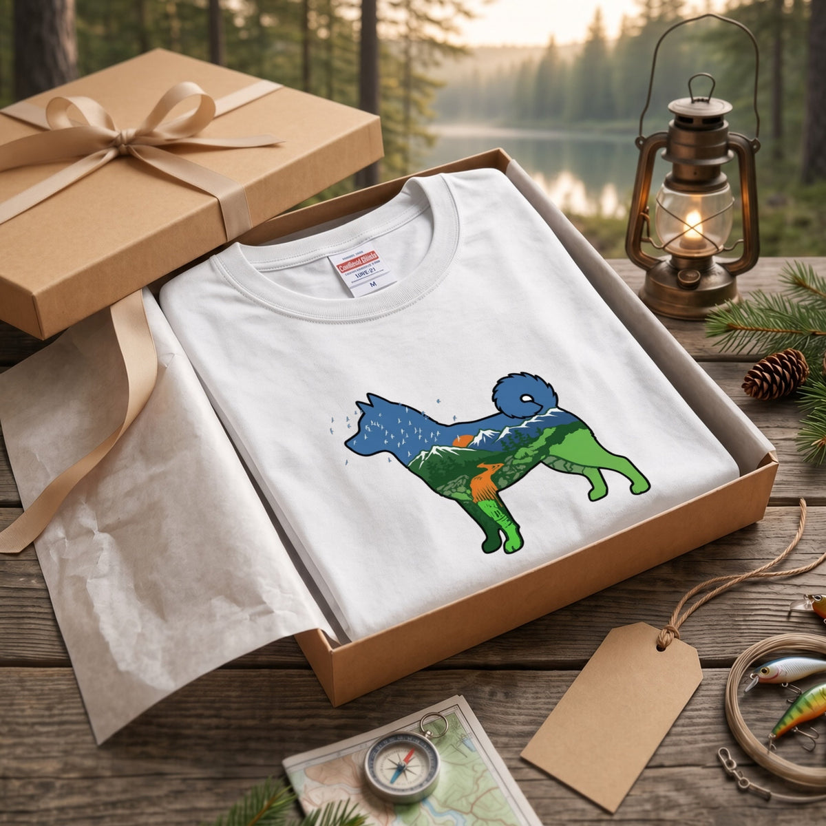 NATURE DOG ロンT | 日本犬シルエット 山と森 アートグラフィック 長袖 カジュアル Tシャツ【ドッグウェア・普段着・ルームウェア・ユニセックス・ギフトに最適】