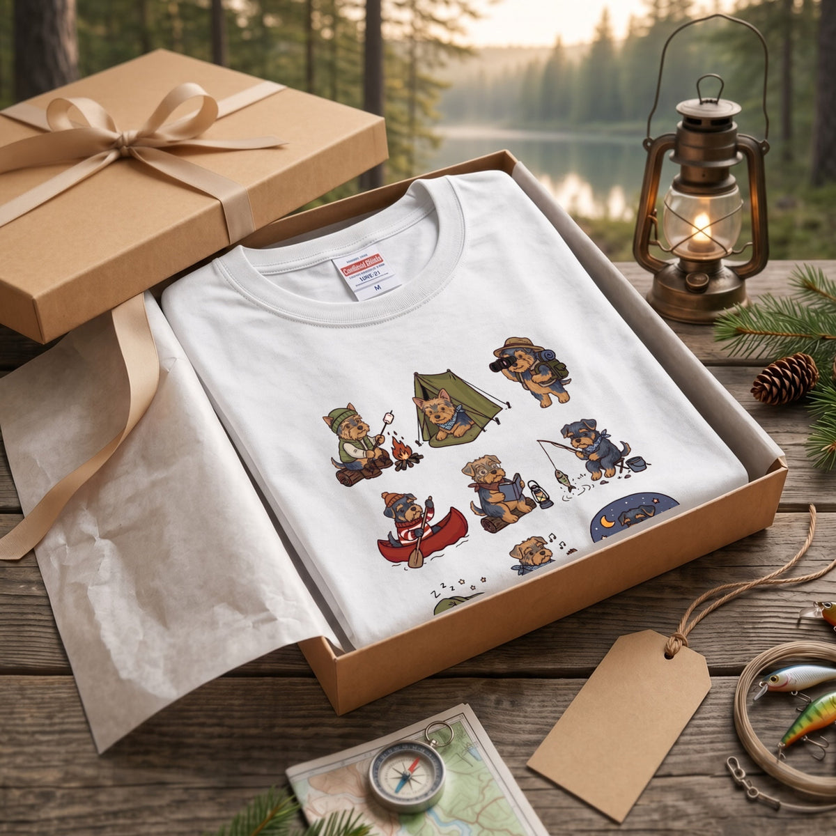 YORKIE CAMP | 手描き風 ヨーキー キャンプギア かわいい グラフィック 長袖Tシャツ【犬雑貨・秋キャンプ・ルームウェア・ギフトに最適】