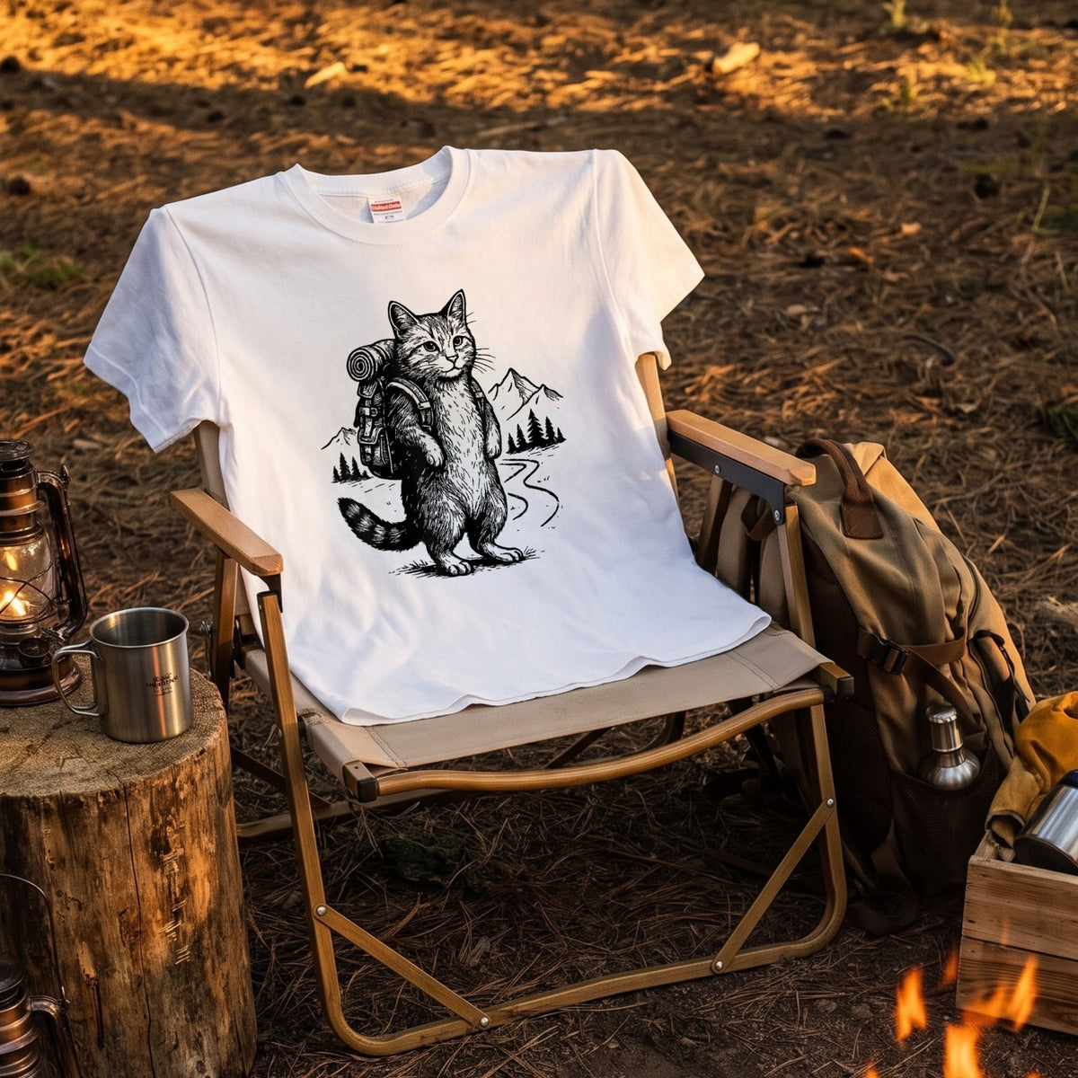 ハイキング猫 Tシャツ ｜ 猫好き・キャンプ・アウトドア・登山・レトロに人気