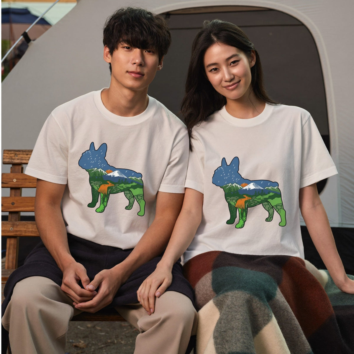 【French Bulldog】自然風景ダブルエスポージャー黒Tシャツ | CAMPMODE