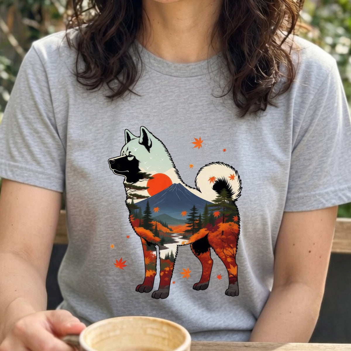 【Akita】日本犬好き＆アウトドア愛好者必見！秋田犬風景白Tシャツ