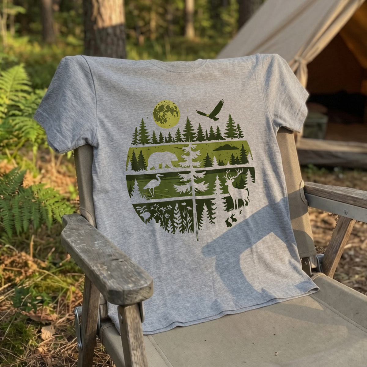 【Wildlife Forest Animals】月夜の森と野生動物 アート層グラフィック 白Tシャツ | CAMPMODE