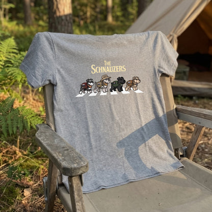 THE SCHNAUZERS 横断歩道 キャンプ ゆるかわ パロディTシャツ 【犬好き・愛犬家・アウトドア・ギフトに最適】