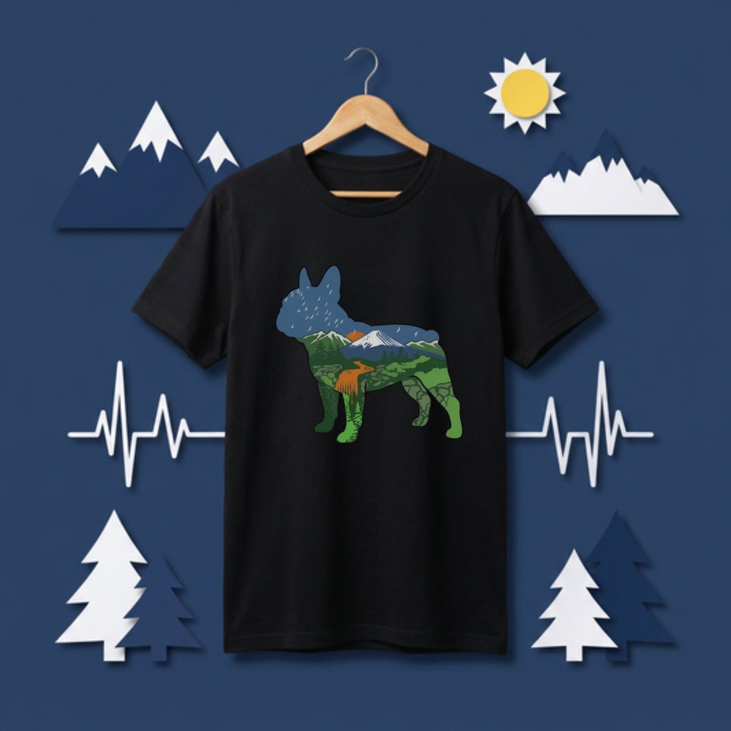 【French Bulldog】自然風景ダブルエスポージャー黒Tシャツ | CAMPMODE