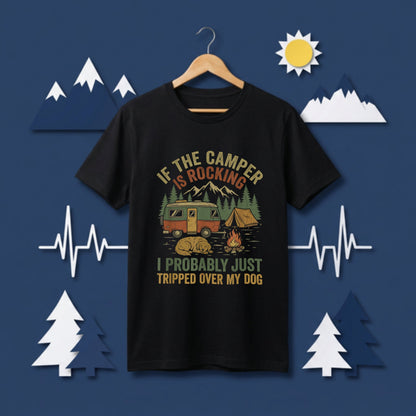 【If The Camper Is Rocking】キャンピングカー＆愛犬イラスト ヴィンテージ黒Tシャツ | CAMPMODE