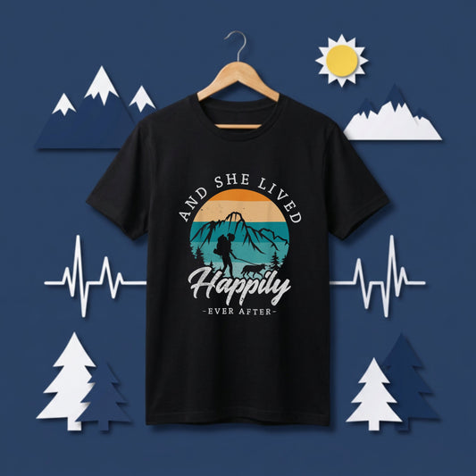 【And She Lived Happily】女性ハイカー＆愛犬 レトロサンセット 黒Tシャツ | CAMPMODE