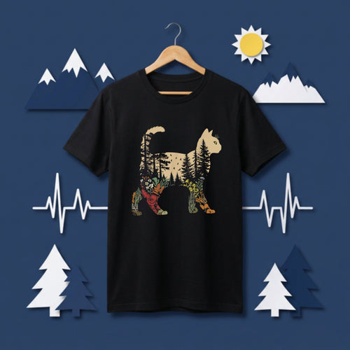 Cat Forest Nature Floral Double Exposure T-Shirt