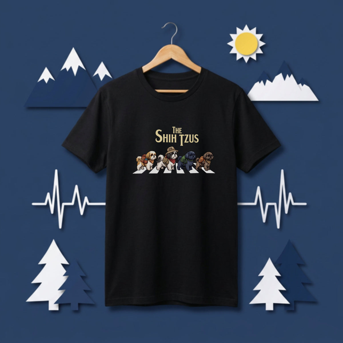 THE SHIH TZUS 横断歩道 キャンプ ゆるかわ パロディTシャツ 【犬好き・愛犬家・アウトドア・ギフトに最適】