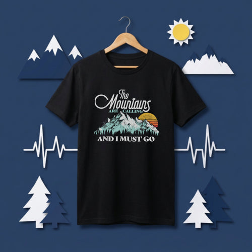 The Mountains Are Calling Script Sunset Hiking T-Shirt