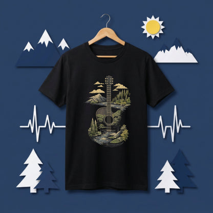 【縦型ギター＆渓流・森・山並み】おしゃれキャンプ黒Tシャツ | CAMPMODE