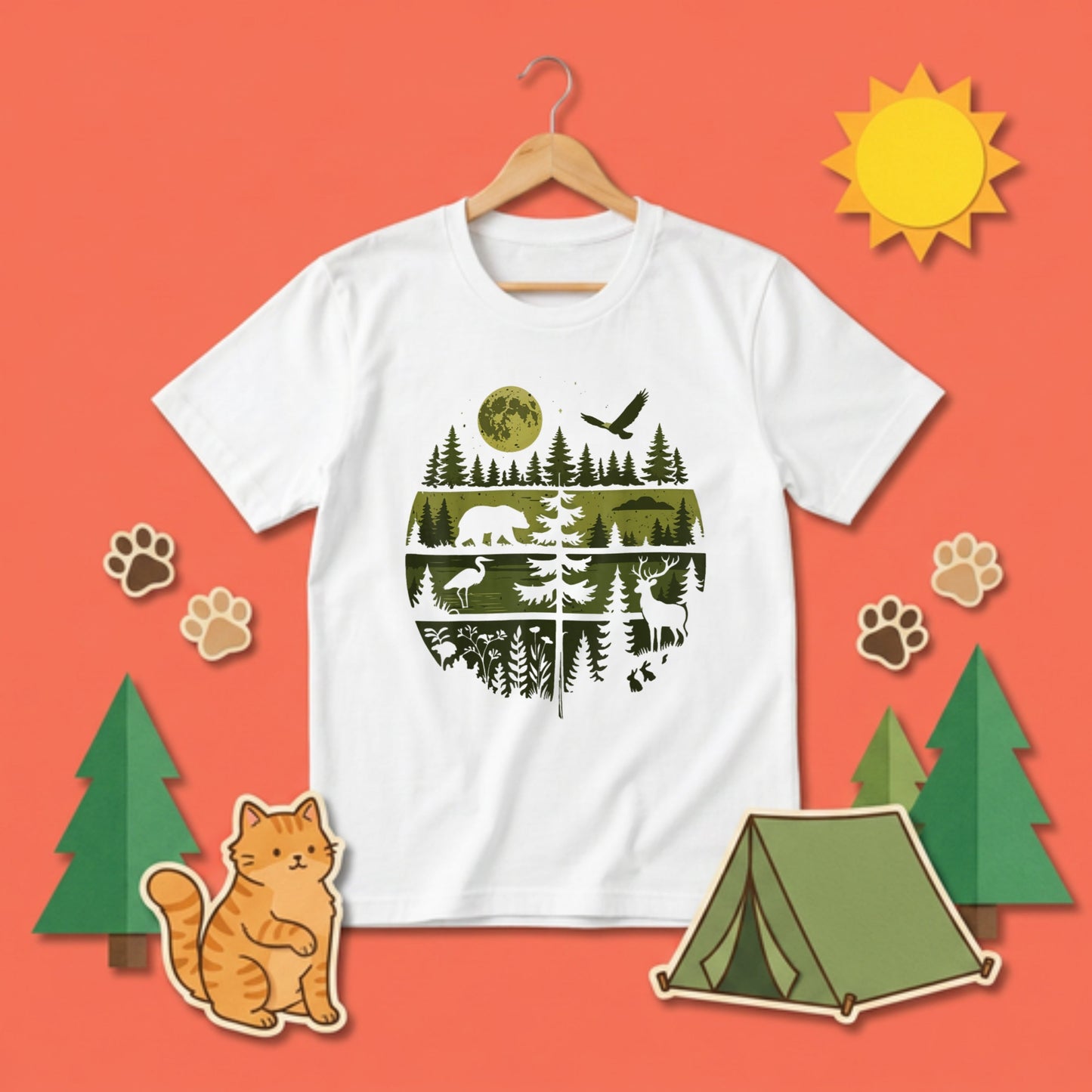 【Wildlife Forest Animals】月夜の森と野生動物 アート層グラフィック 白Tシャツ | CAMPMODE