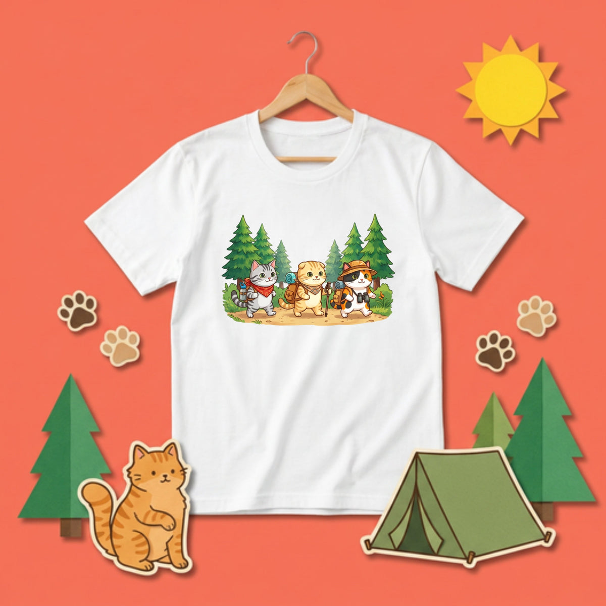 【猫の冒険・ハイキング】かわいい白Tシャツ | CAMPMODE