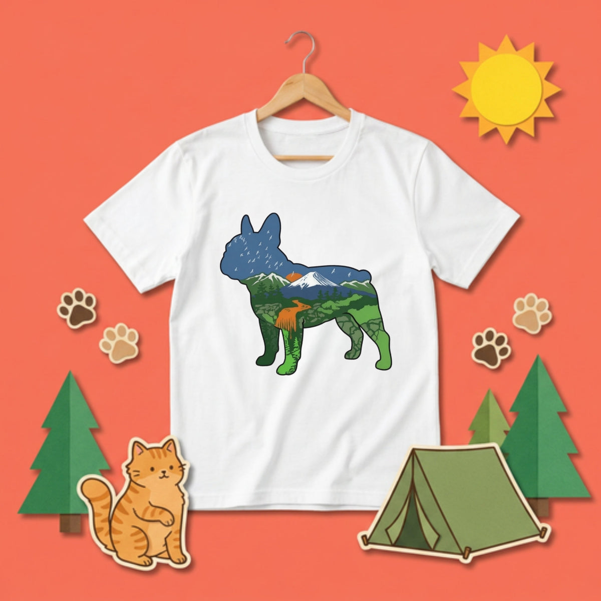 【French Bulldog】自然風景ダブルエスポージャー黒Tシャツ | CAMPMODE