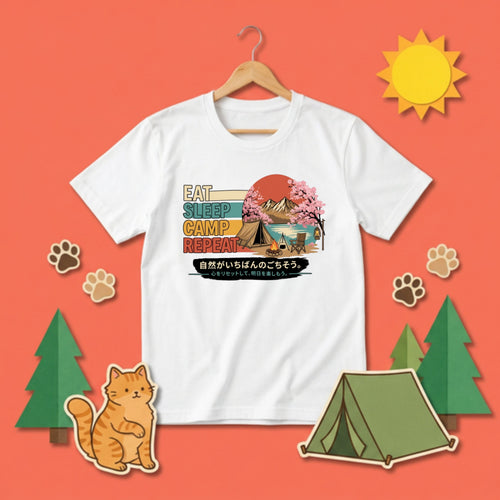 Eat Sleep Camp Repeat Cute Cat Sakura T-Shirt